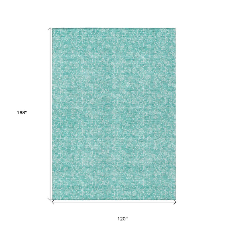 10' X 14' Teal Blue And Ivory Floral Washable Indoor Outdoor Area Rug