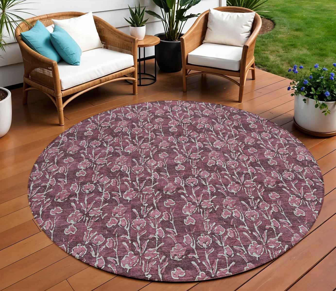 8' Merlot Mauve And Ivory Round Floral Washable Indoor Outdoor Area Rug