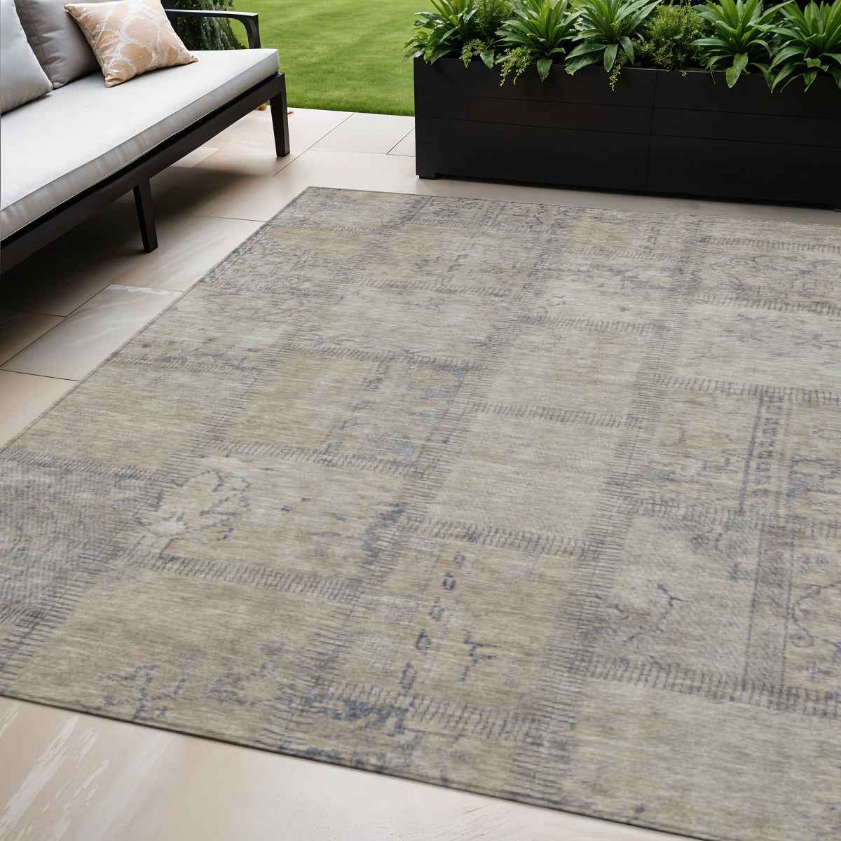 5' X 8' Beige Taupe And Brown Patchwork Washable Indoor Outdoor Area Rug