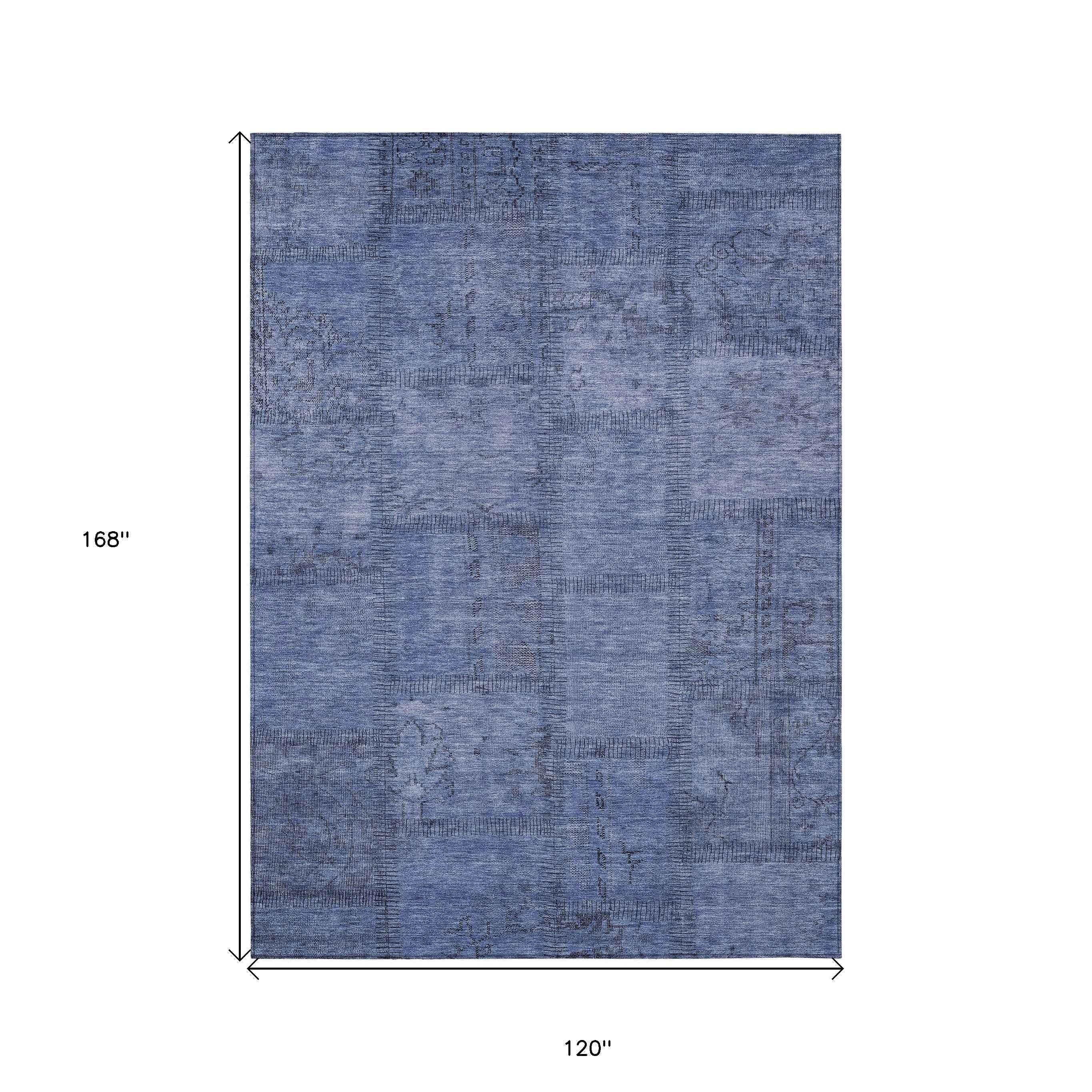10' X 14' Denim Blue And Sky Blue Patchwork Washable Indoor Outdoor Area Rug