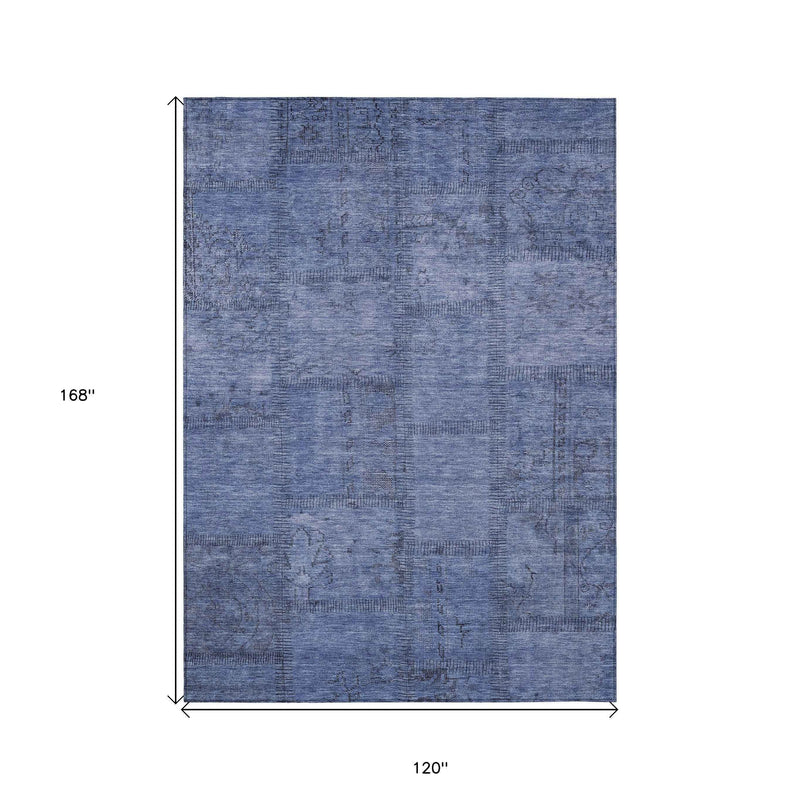 10' X 14' Denim Blue And Sky Blue Patchwork Washable Indoor Outdoor Area Rug