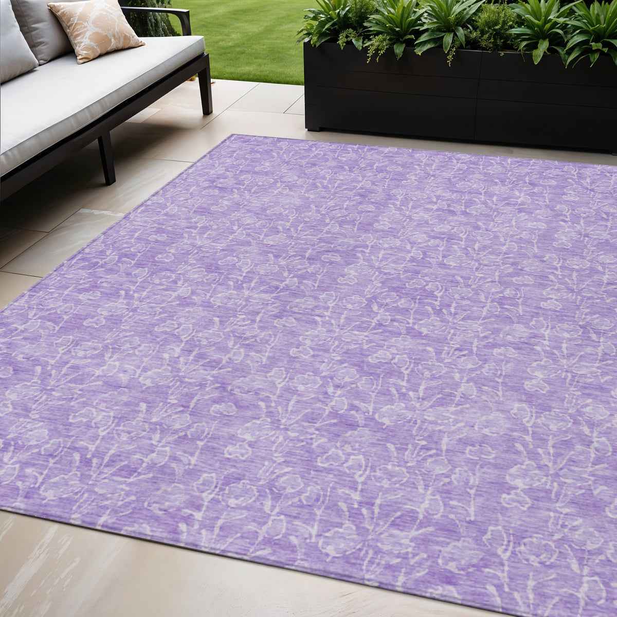 5' X 8' Lilac And Ivory Floral Washable Indoor Outdoor Area Rug