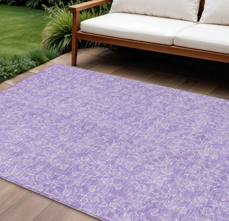 8' X 10' Lilac And Ivory Floral Washable Indoor Outdoor Area Rug