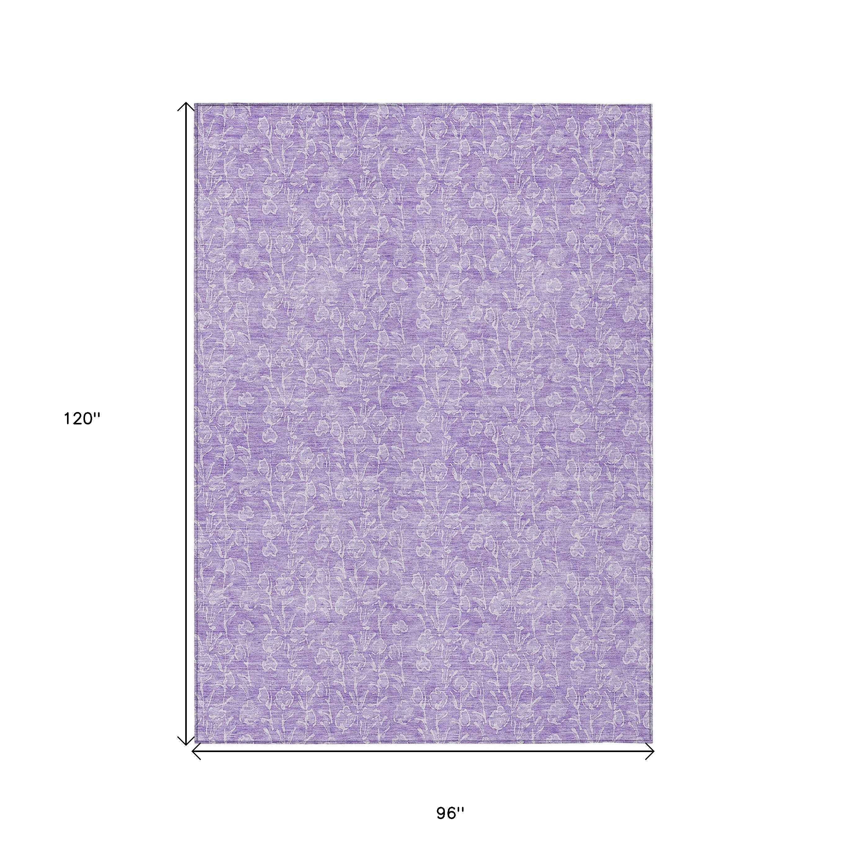 8' X 10' Lilac And Ivory Floral Washable Indoor Outdoor Area Rug