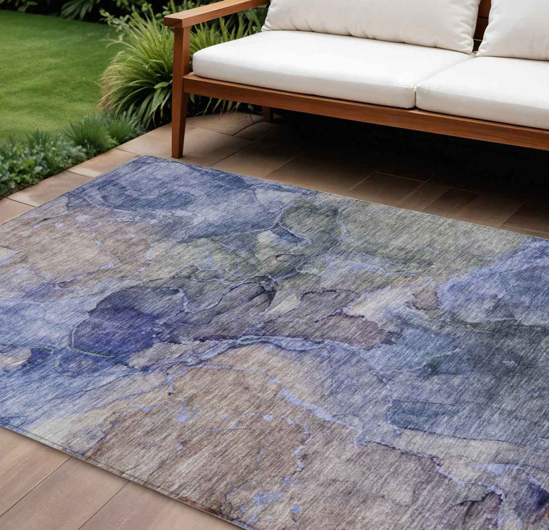 8' X 10' Navy Blue And Beige Abstract Washable Indoor Outdoor Area Rug