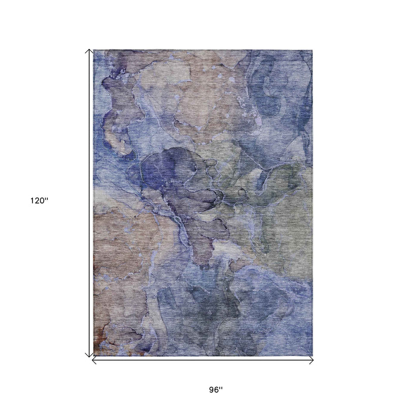 8' X 10' Navy Blue And Beige Abstract Washable Indoor Outdoor Area Rug