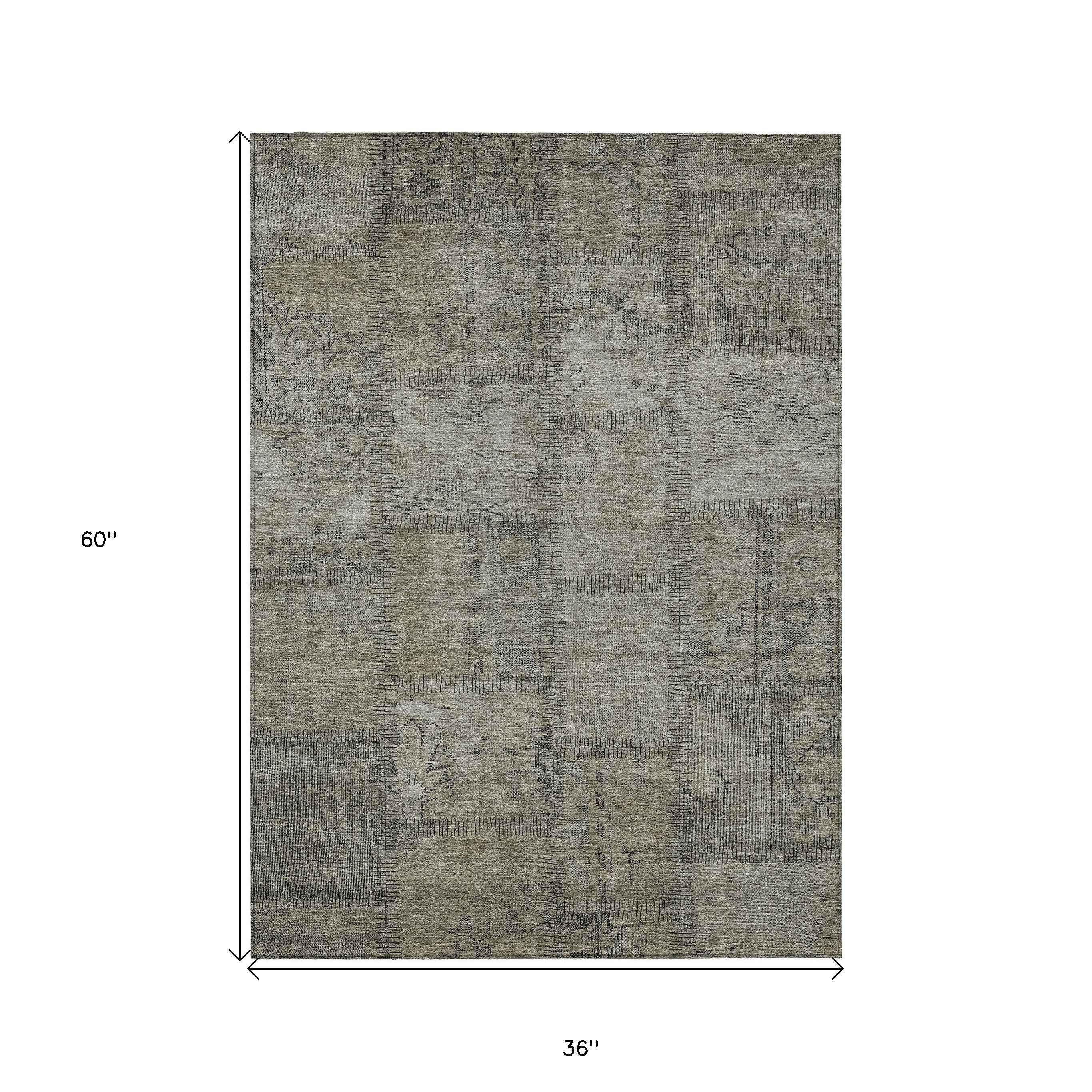 3' X 5' Taupe Brown And Beige Patchwork Washable Indoor Outdoor Area Rug