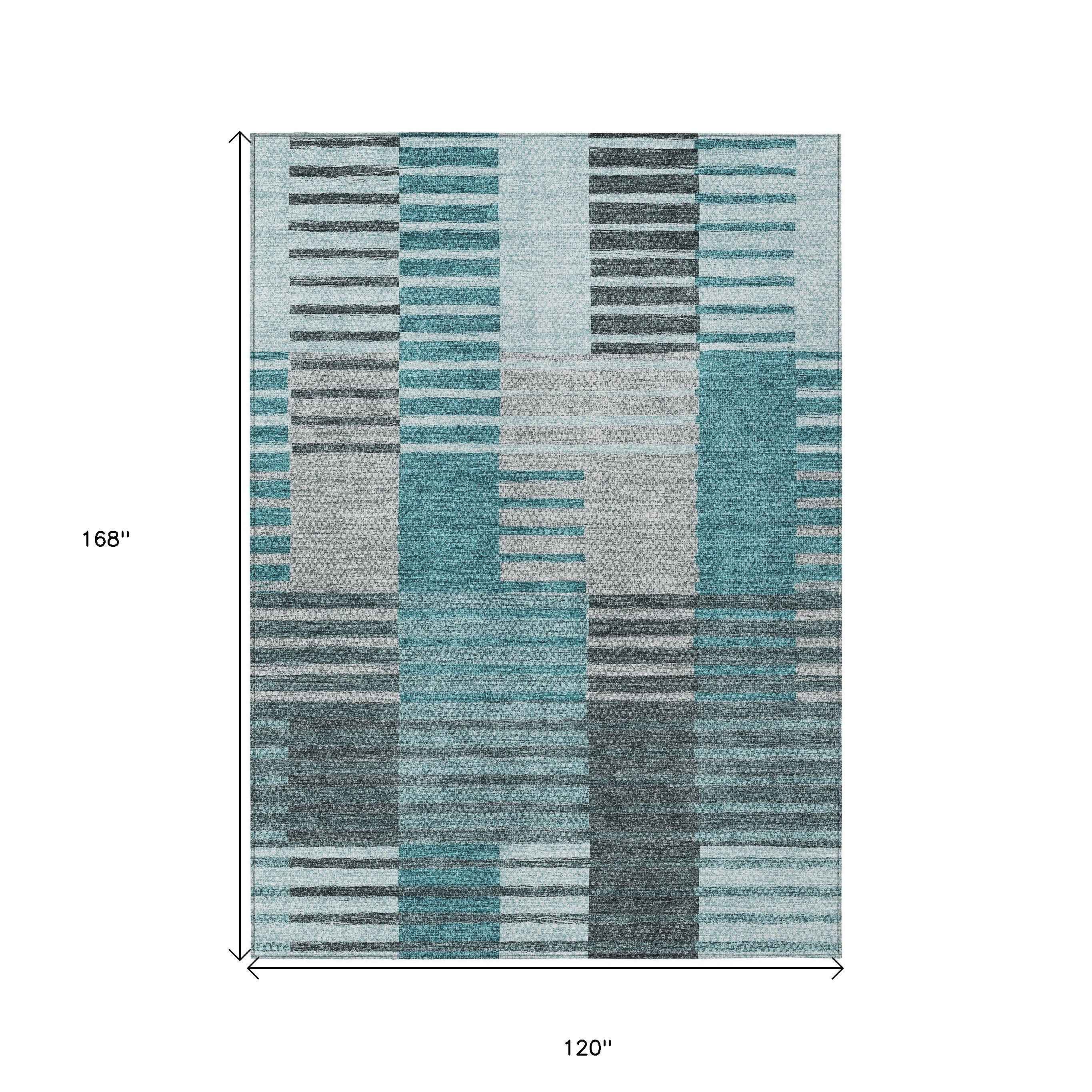 10' X 14' Teal Blue Aqua And Gray Striped Washable Indoor Outdoor Area Rug