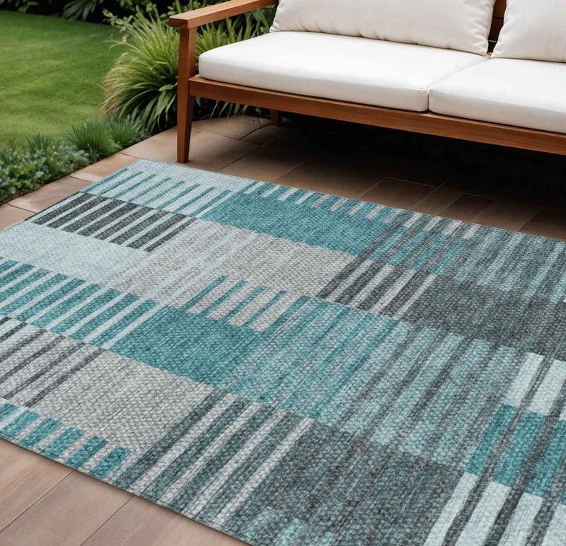 10' X 14' Teal Blue Aqua And Gray Striped Washable Indoor Outdoor Area Rug