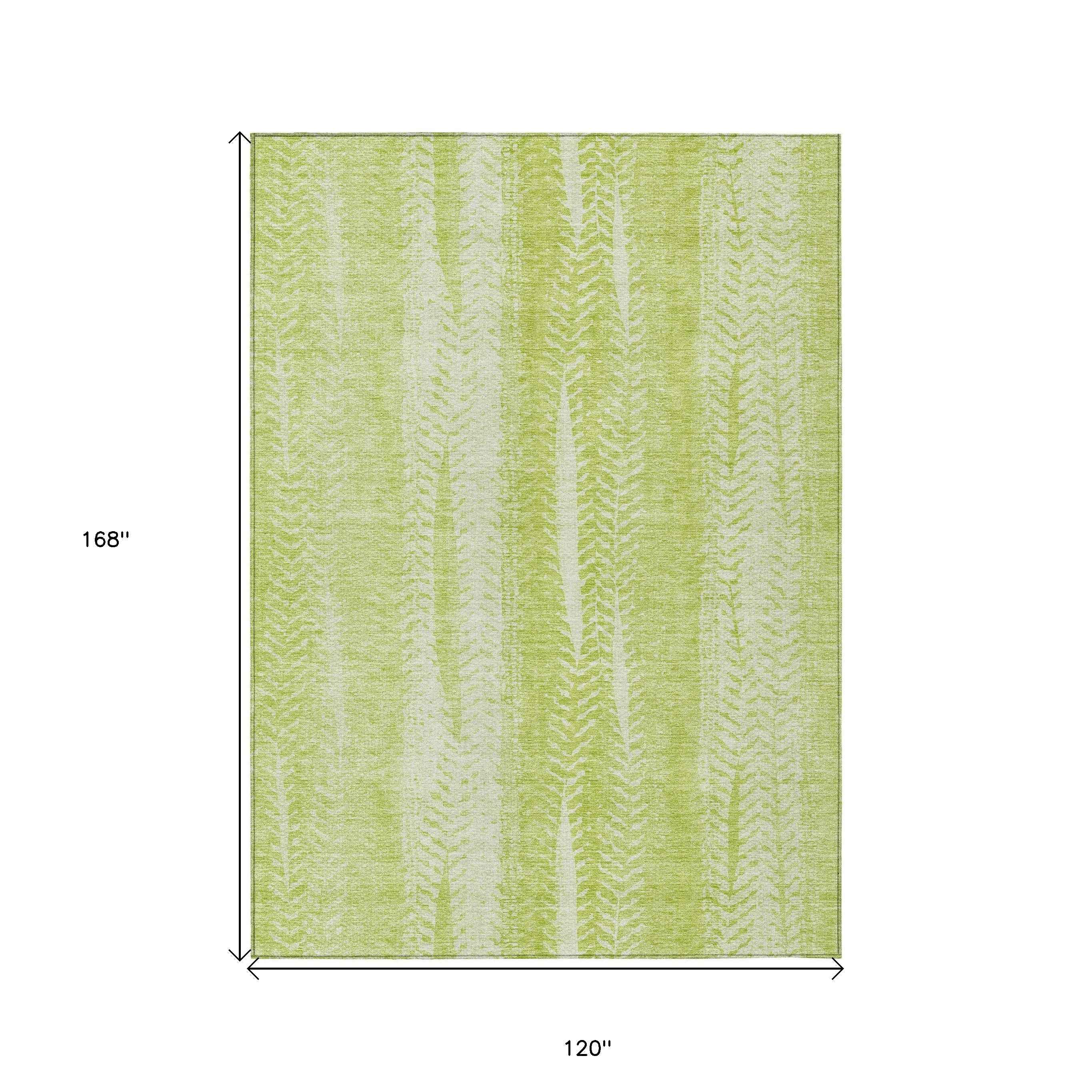 10' X 14' Artichoke Green And Ivory Botanical Leaves Washable Indoor Outdoor Area Rug