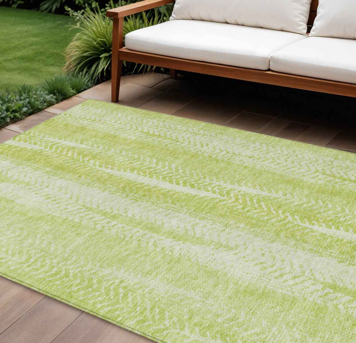 10' X 14' Artichoke Green And Ivory Botanical Leaves Washable Indoor Outdoor Area Rug