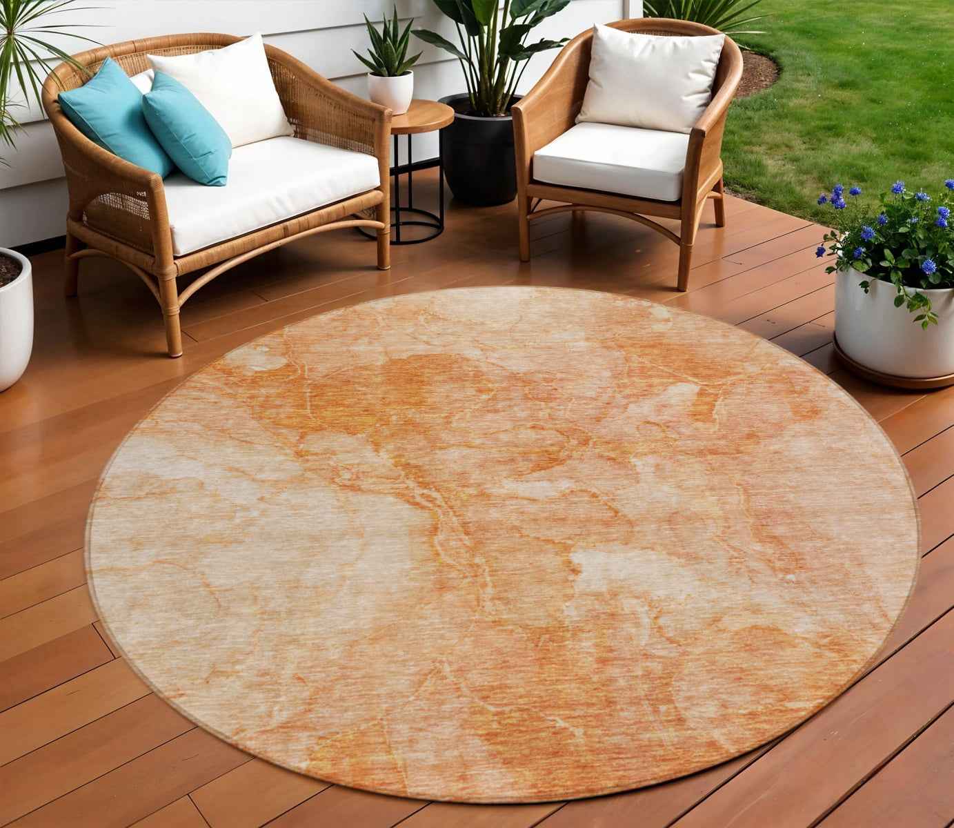 8' Salmon Peach And Ivory Round Nautical Washable Indoor Outdoor Area Rug