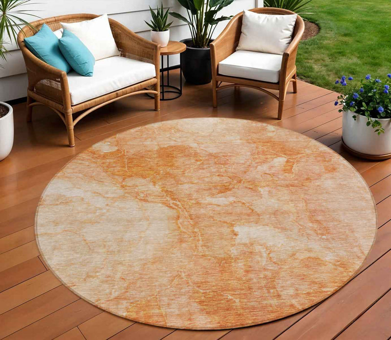 8' Salmon Peach And Ivory Round Nautical Washable Indoor Outdoor Area Rug