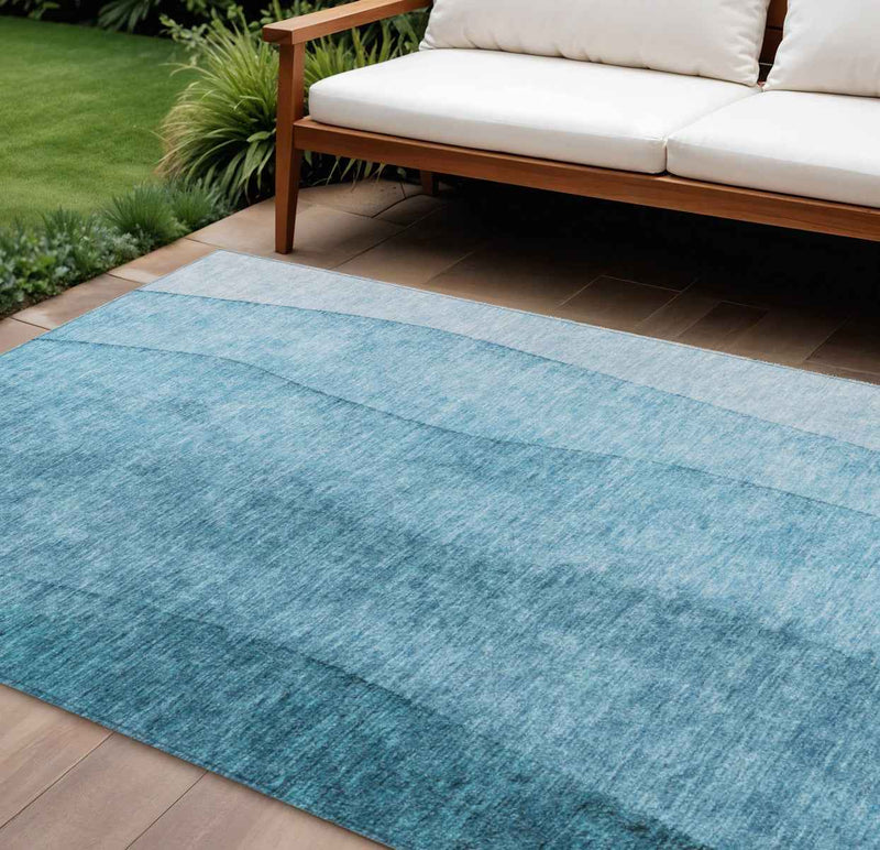 10' X 14' Teal Blue Aqua And Blue Ombre Washable Indoor Outdoor Area Rug