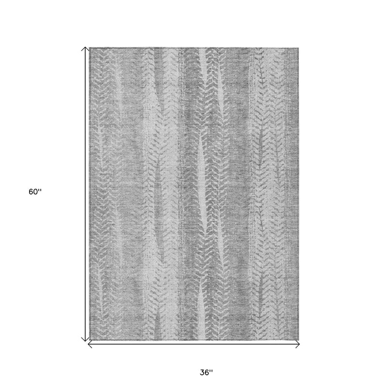 3' X 5' Silver Gray And Graphite Botanical Leaves Washable Indoor Outdoor Area Rug