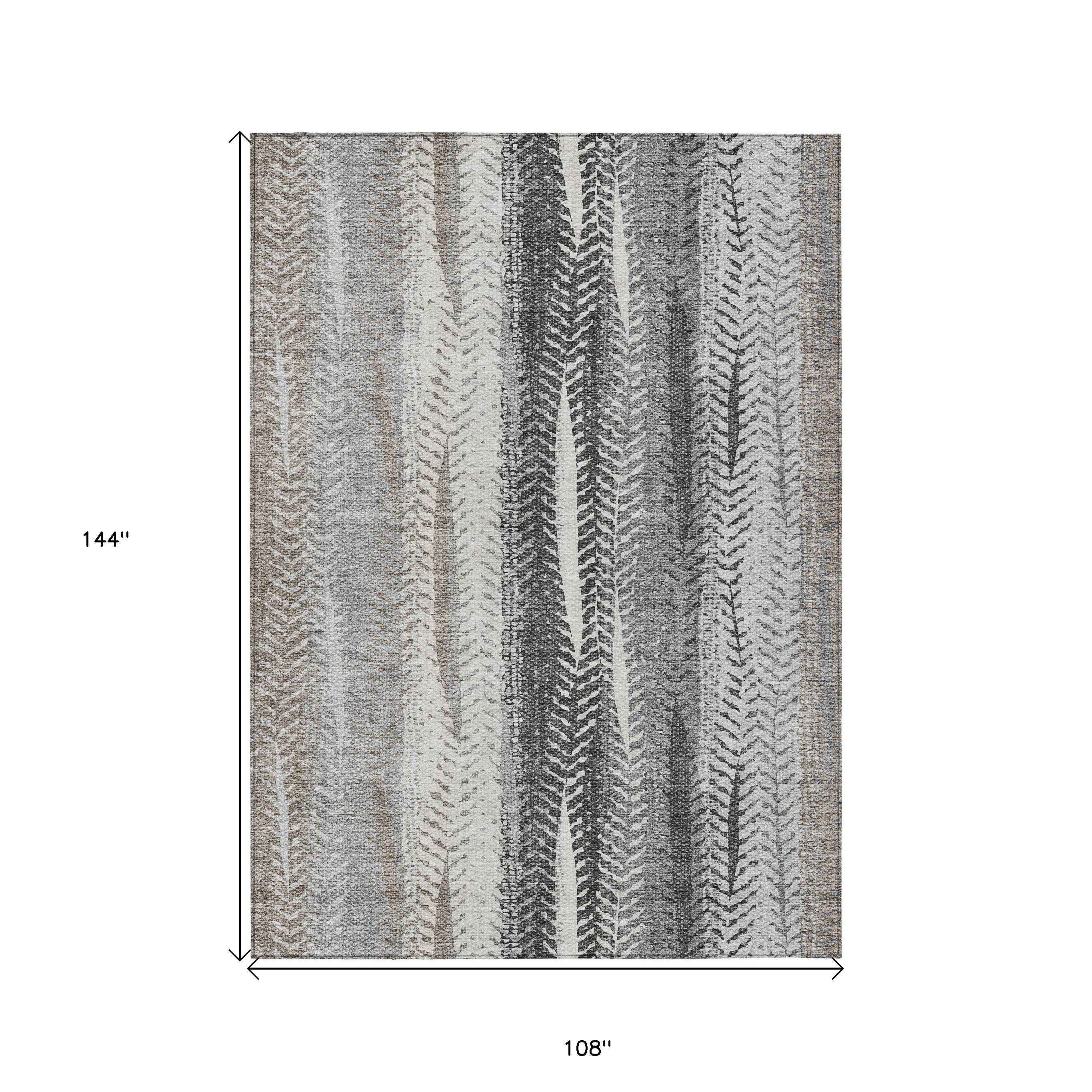 9' X 12' Khaki Ivory And Gray Botanical Leaves Washable Indoor Outdoor Area Rug