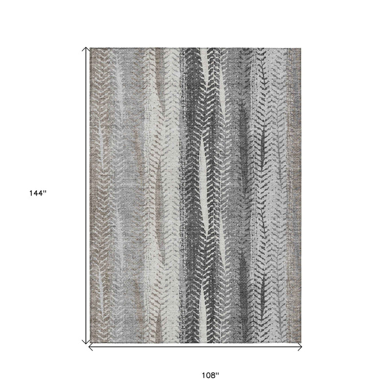 9' X 12' Khaki Ivory And Gray Botanical Leaves Washable Indoor Outdoor Area Rug