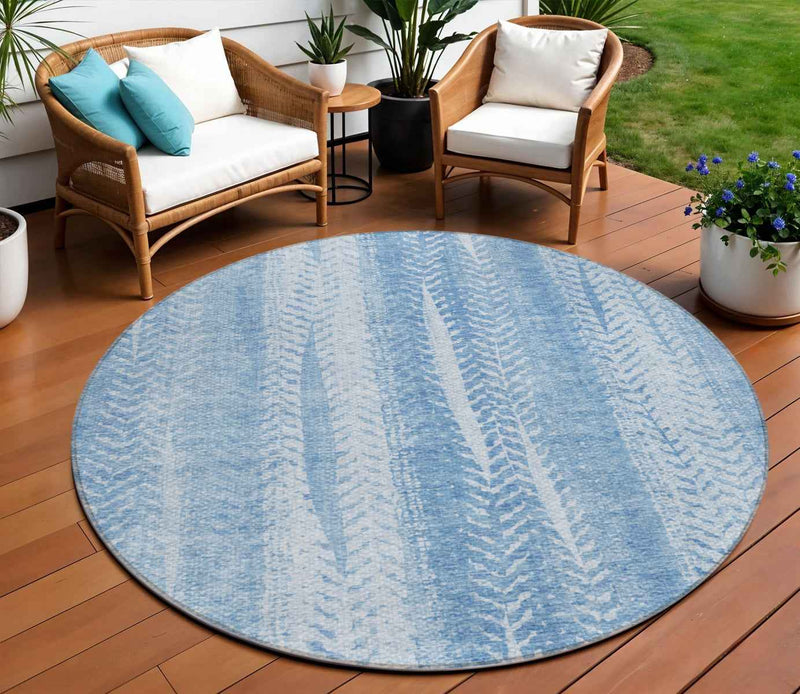 8' Sky Blue And Denim Blue Round Botanical Leaves Washable Indoor Outdoor Area Rug