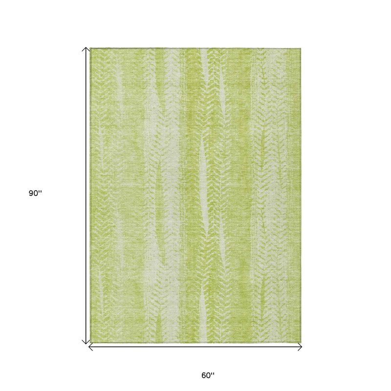 5' X 8' Artichoke Green And Ivory Botanical Leaves Washable Indoor Outdoor Area Rug