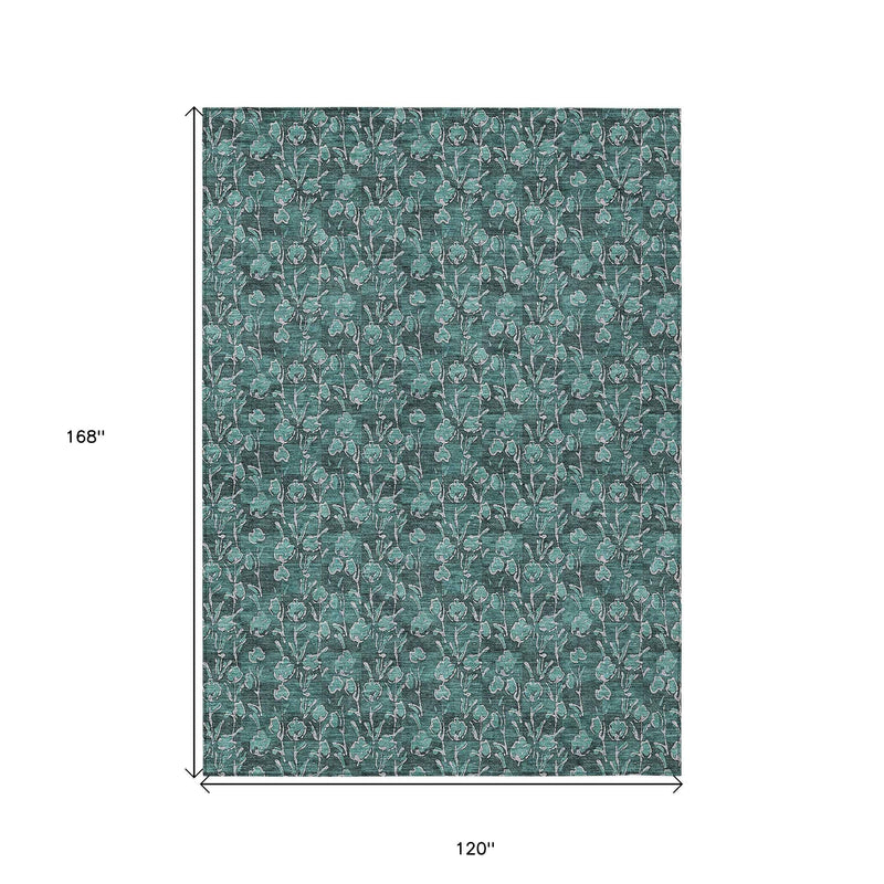 10' X 14' Teal Blue Aqua And Ivory Floral Washable Indoor Outdoor Area Rug