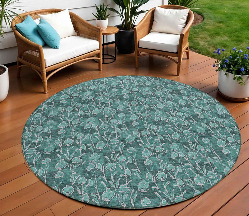 8' Teal Blue Aqua And Ivory Round Floral Washable Indoor Outdoor Area Rug