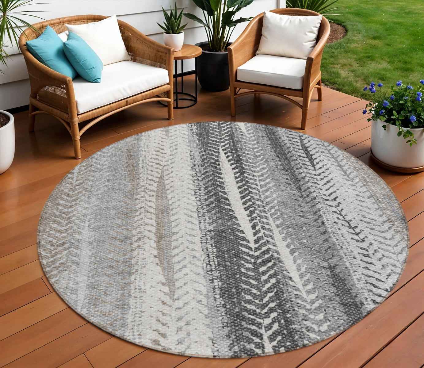 8' Khaki Ivory And Gray Round Botanical Leaves Washable Indoor Outdoor Area Rug