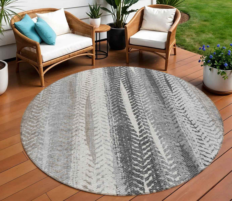 8' Khaki Ivory And Gray Round Botanical Leaves Washable Indoor Outdoor Area Rug