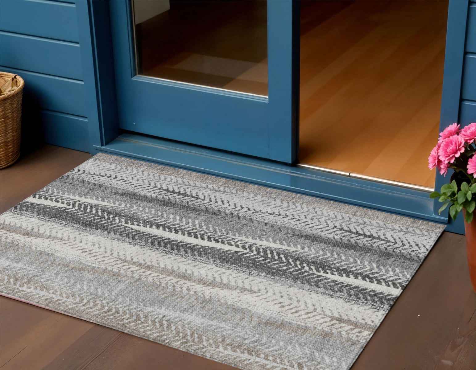 3' X 5' Khaki Ivory And Gray Botanical Leaves Washable Indoor Outdoor Area Rug