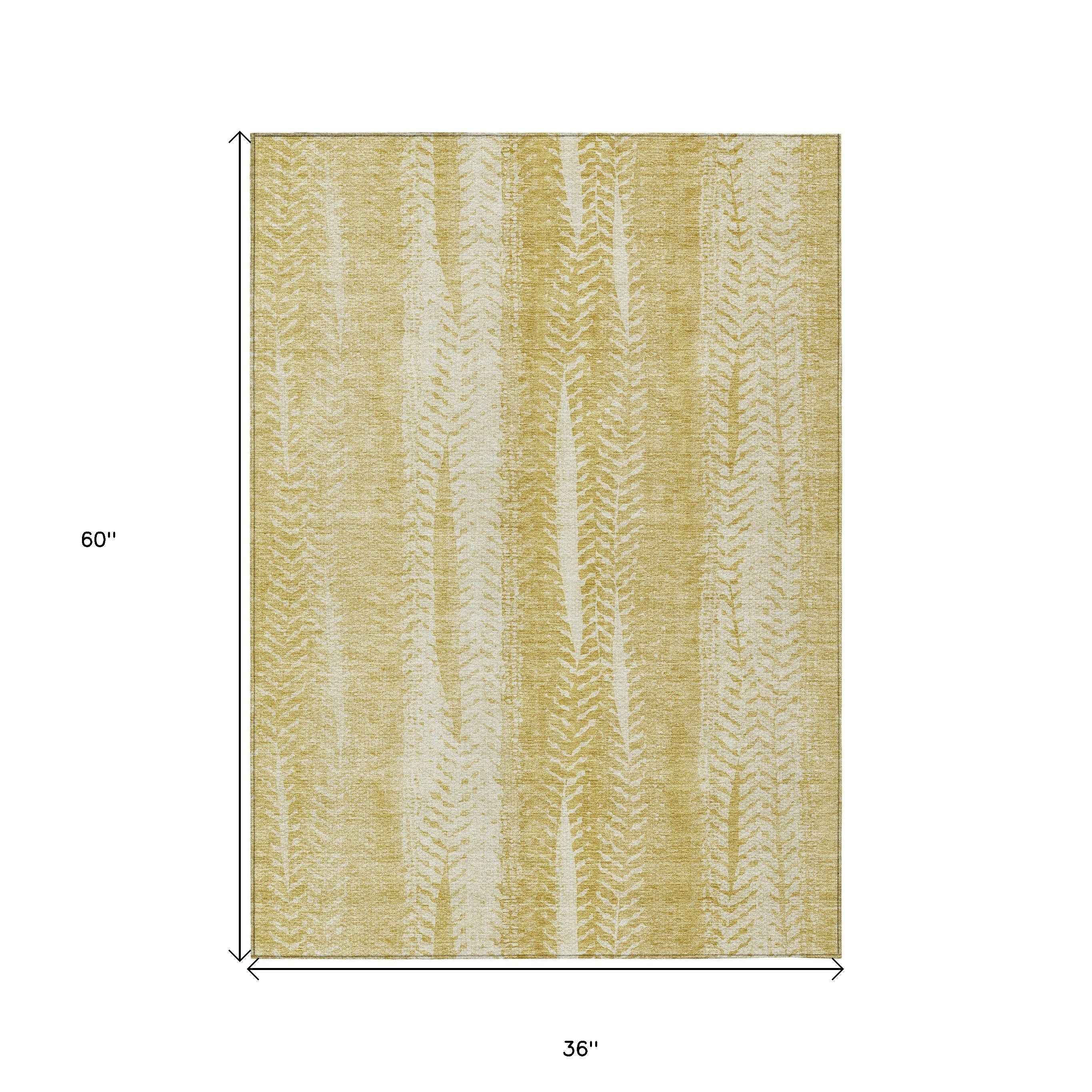 3' X 5' Gold Wheat And Ivory Botanical Leaves Washable Indoor Outdoor Area Rug