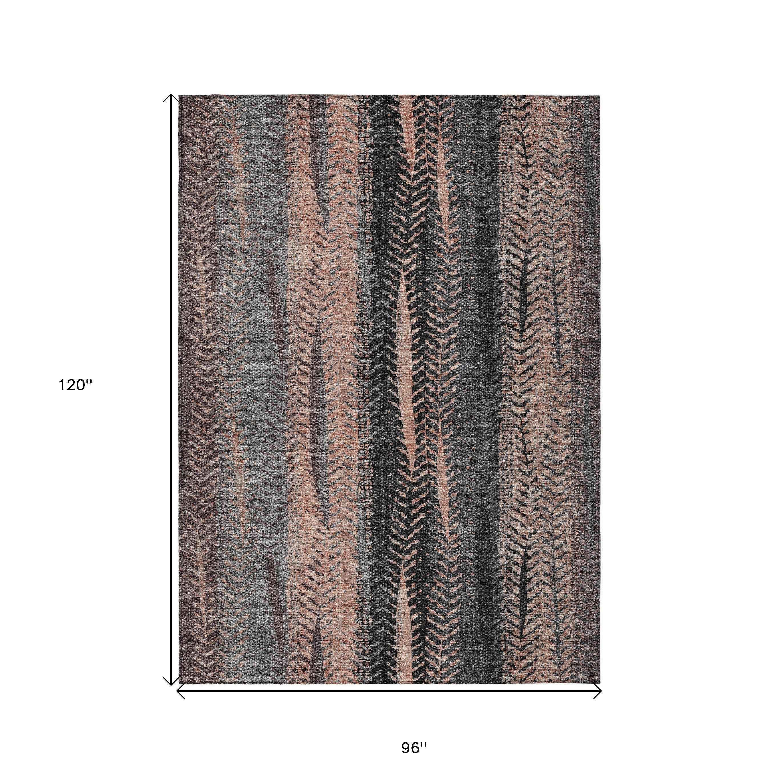 8' X 10' Blue Charcoal And Copper Botanical Leaves Washable Indoor Outdoor Area Rug