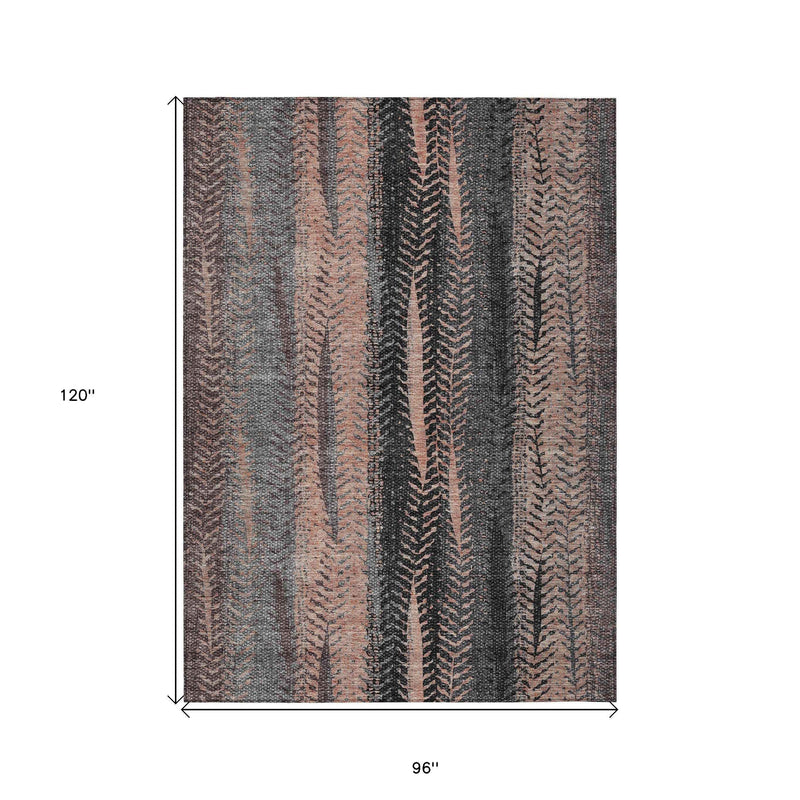 8' X 10' Blue Charcoal And Copper Botanical Leaves Washable Indoor Outdoor Area Rug