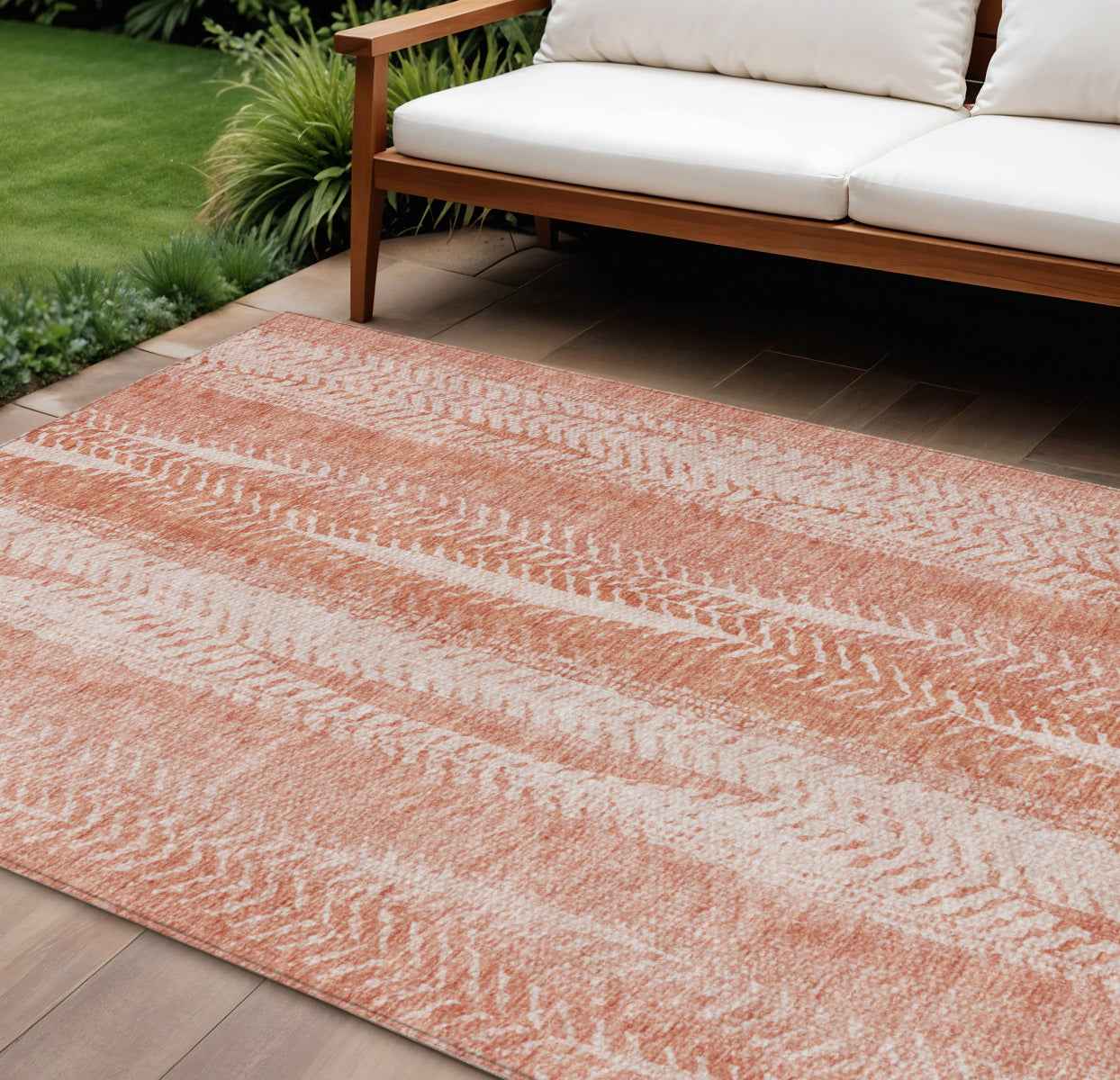 8' X 10' Orange And Salmon Botanical Leaves Washable Indoor Outdoor Area Rug