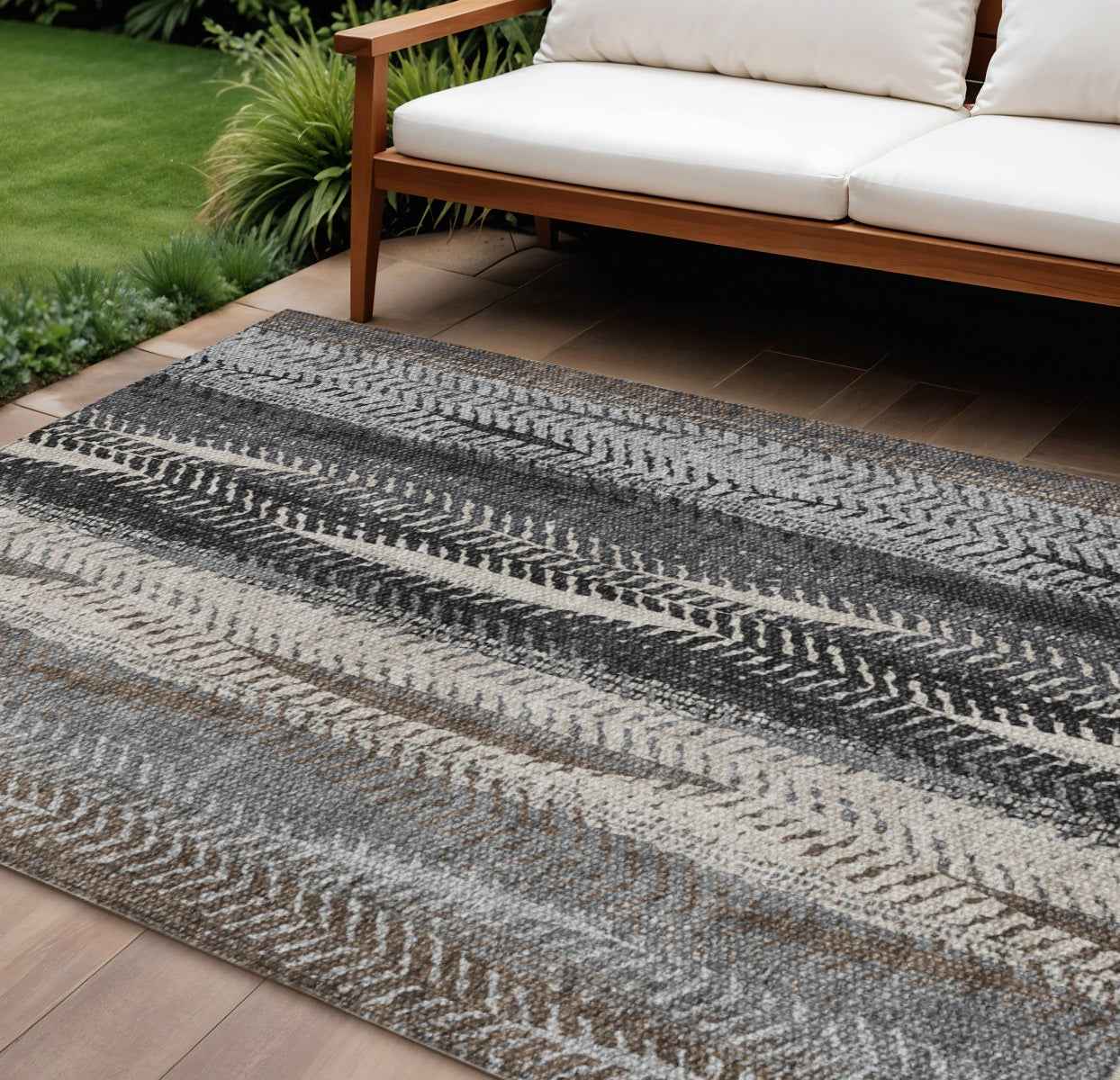 8' X 10' Brown Gray And Ivory Botanical Leaves Washable Indoor Outdoor Area Rug