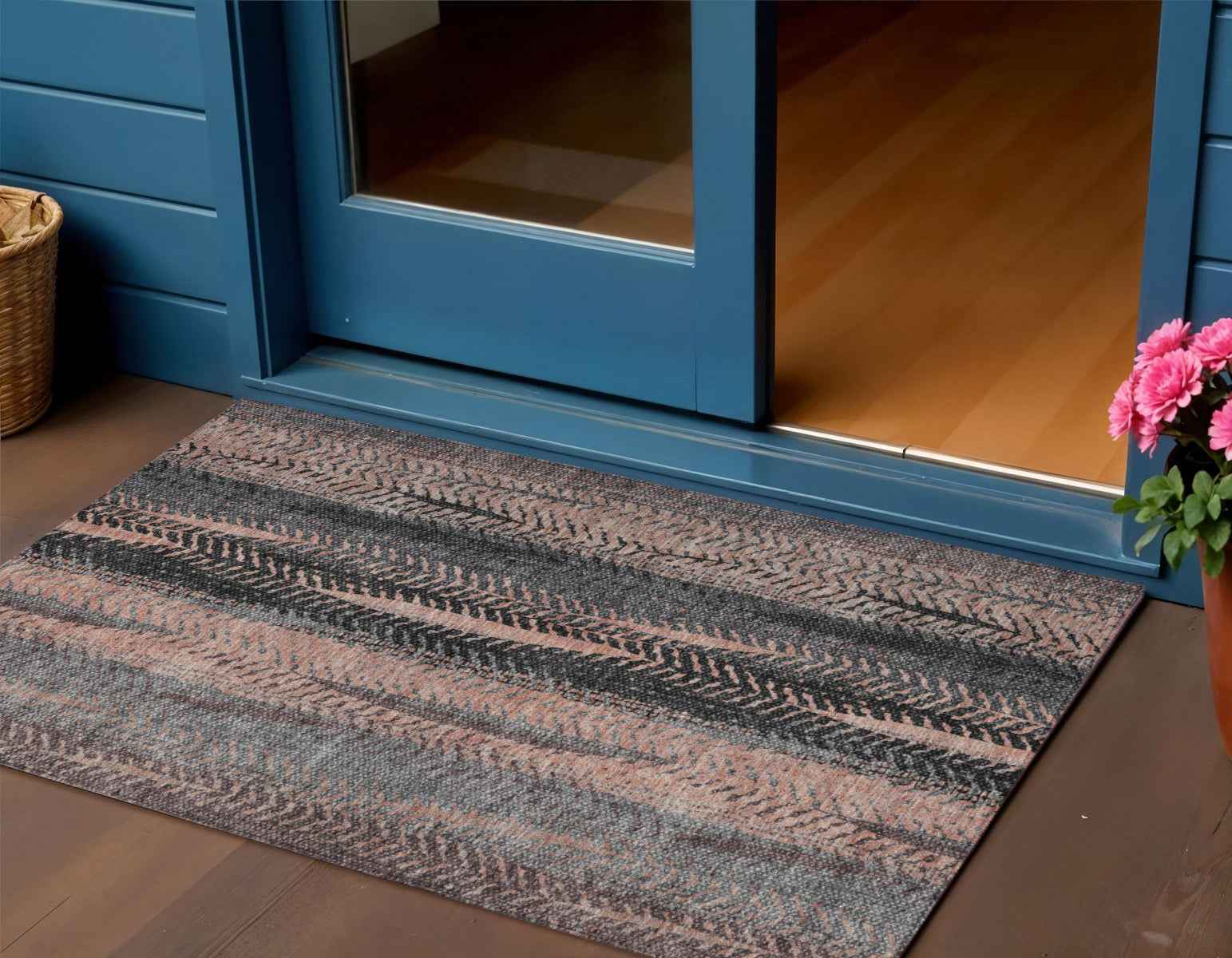 3' X 5' Blue Charcoal And Copper Botanical Leaves Washable Indoor Outdoor Area Rug