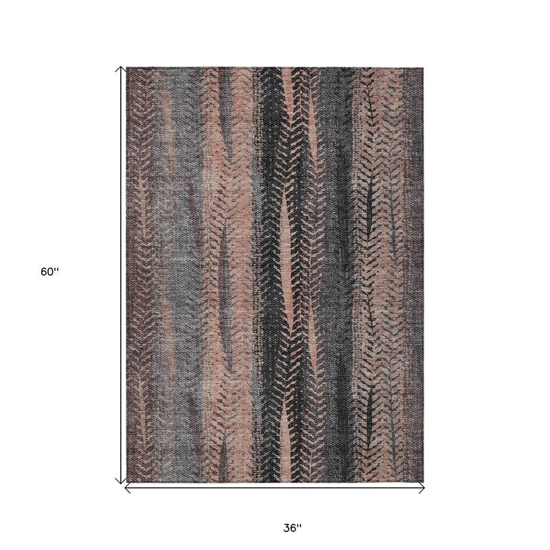 3' X 5' Blue Charcoal And Copper Botanical Leaves Washable Indoor Outdoor Area Rug