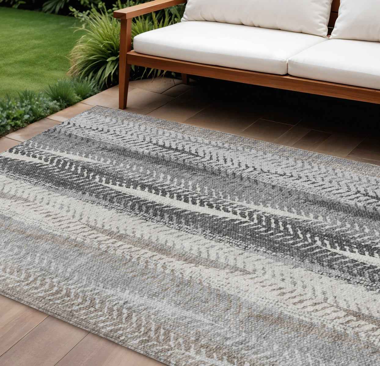 8' X 10' Khaki Ivory And Gray Botanical Leaves Washable Indoor Outdoor Area Rug