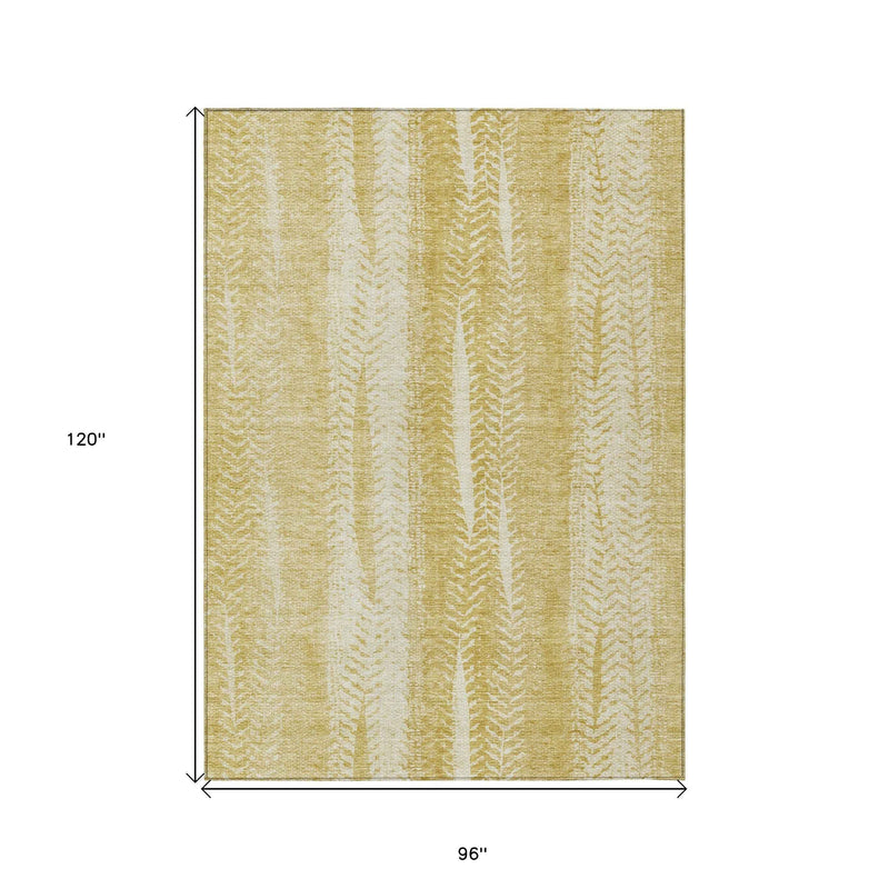 8' X 10' Gold Wheat And Ivory Botanical Leaves Washable Indoor Outdoor Area Rug
