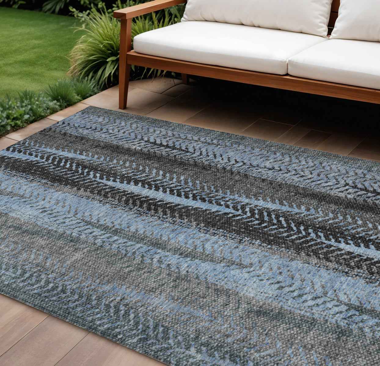 10' X 14' Blue Gray And Charcoal Botanical Leaves Washable Indoor Outdoor Area Rug