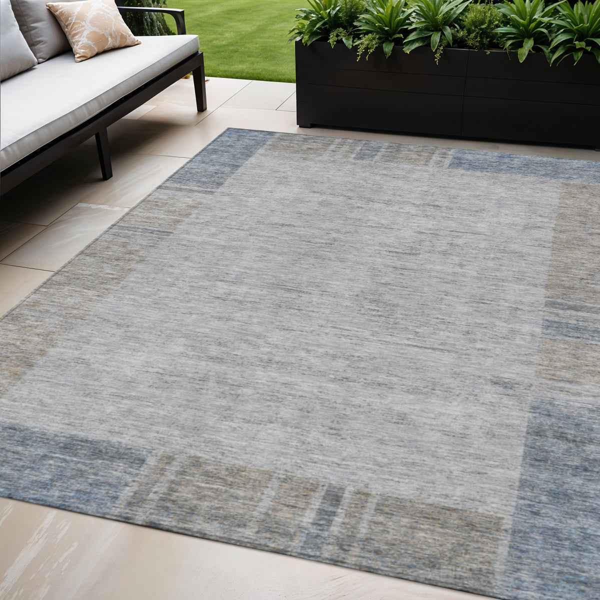 5' X 8' Taupe Beige And Blue Geometric Washable Indoor Outdoor Area Rug
