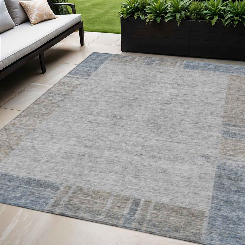5' X 8' Taupe Beige And Blue Geometric Washable Indoor Outdoor Area Rug