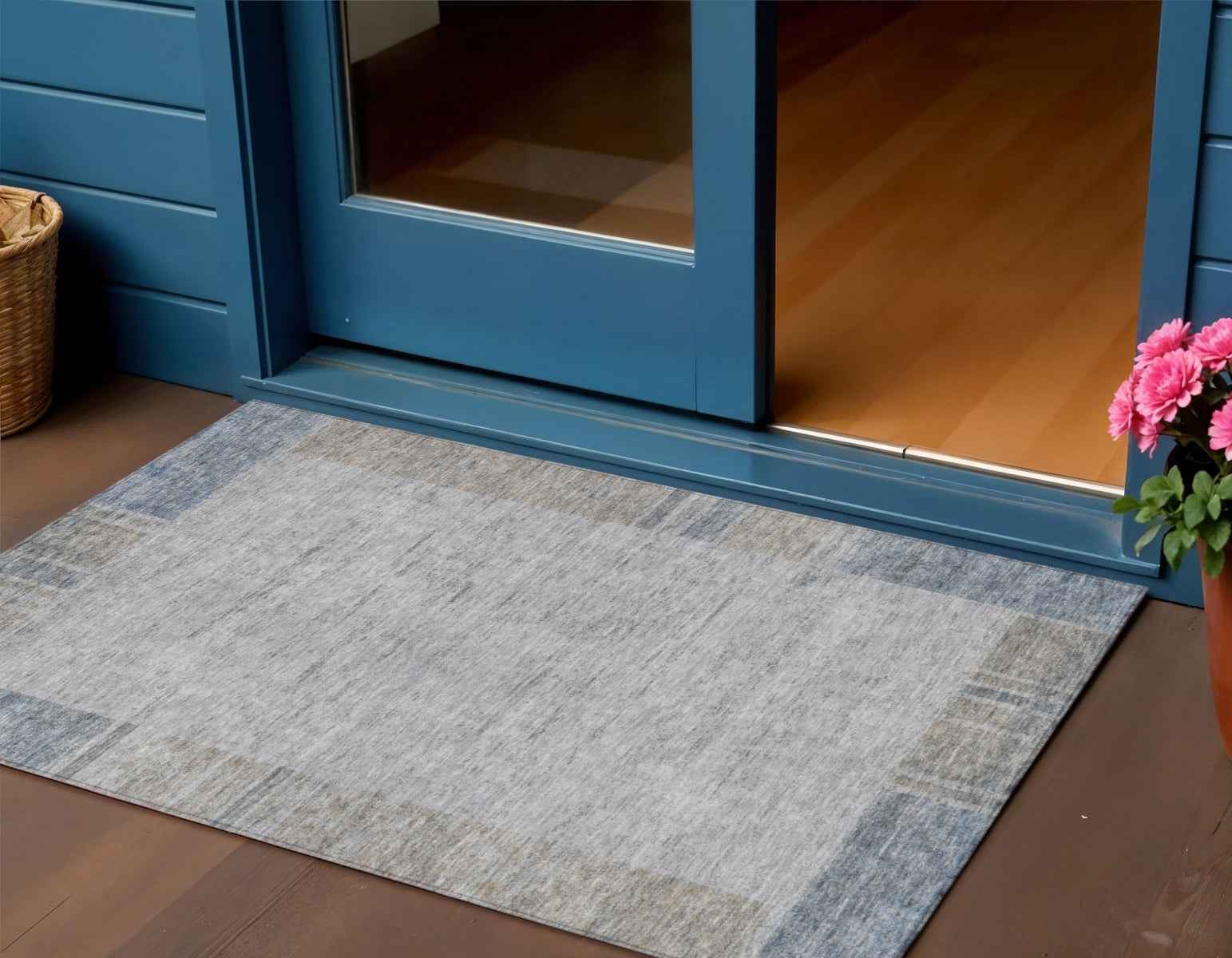 3' X 5' Taupe Beige And Blue Geometric Washable Indoor Outdoor Area Rug