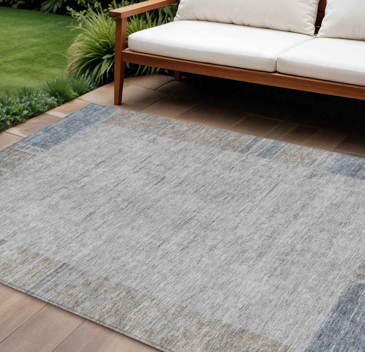 8' X 10' Taupe Beige And Blue Geometric Washable Indoor Outdoor Area Rug