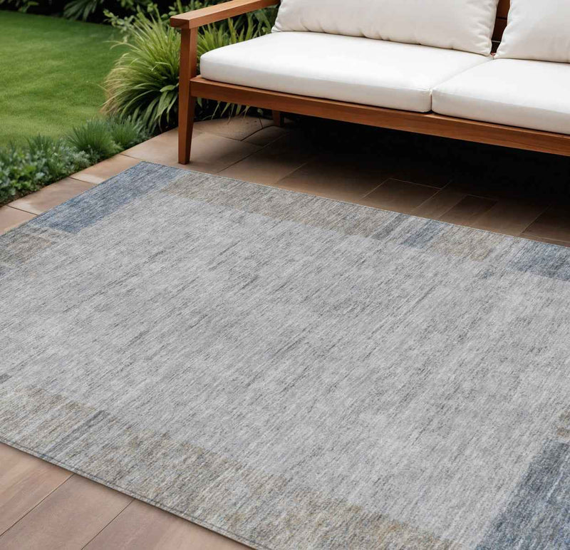 8' X 10' Taupe Beige And Blue Geometric Washable Indoor Outdoor Area Rug