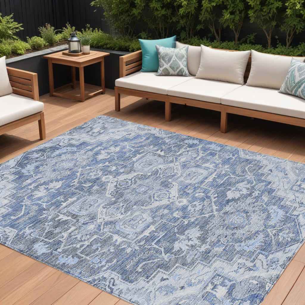 8' X 10' Denim Blue And Sky Blue Oriental Washable Indoor Outdoor Area Rug