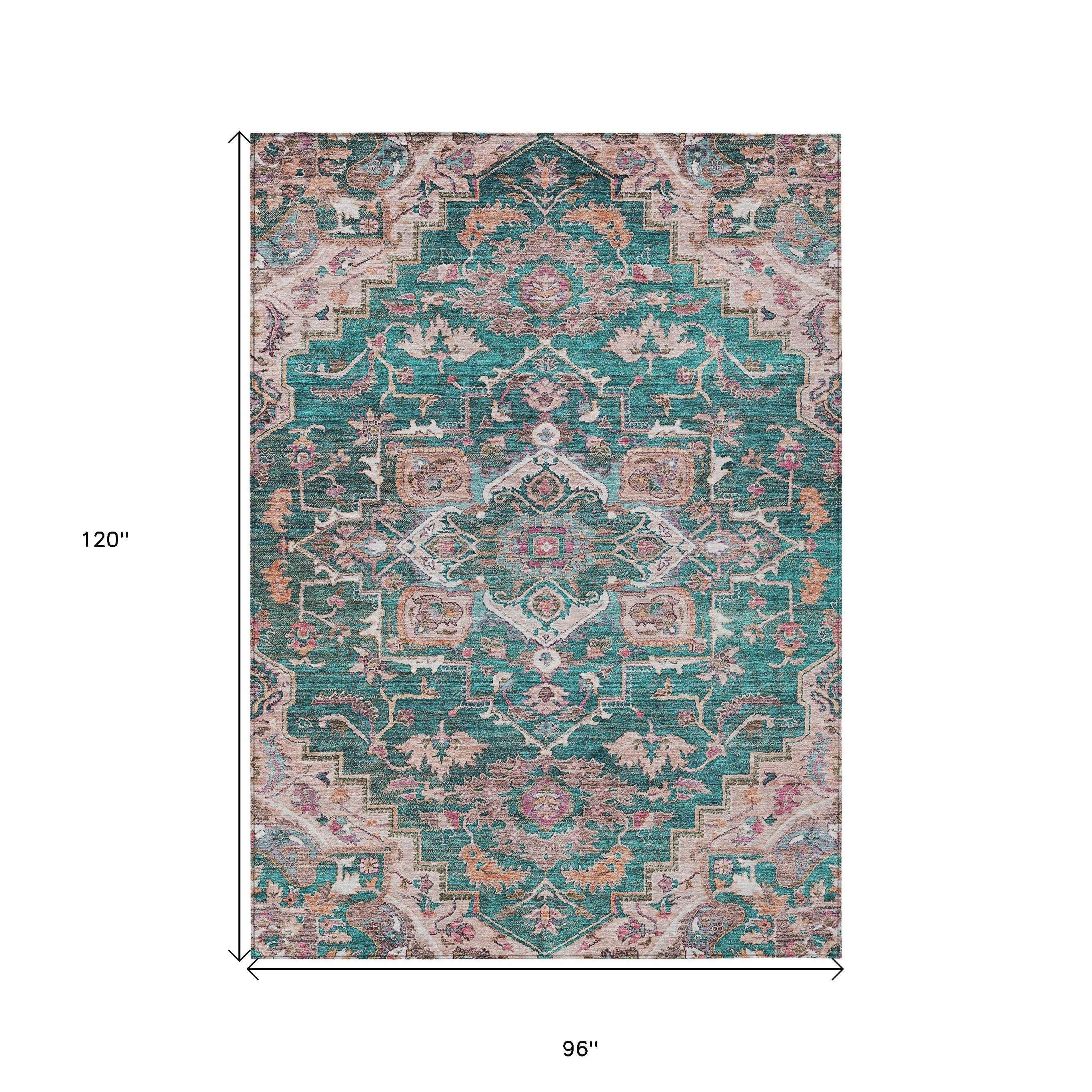 8' X 10' Emerald Teal Blue And Beige Oriental Washable Indoor Outdoor Area Rug