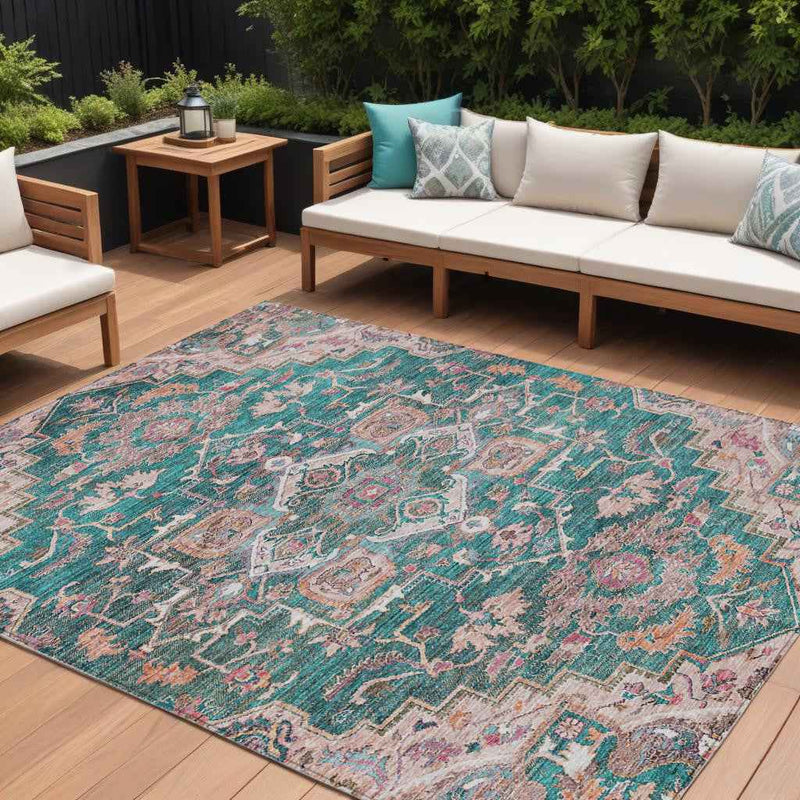 8' X 10' Emerald Teal Blue And Beige Oriental Washable Indoor Outdoor Area Rug