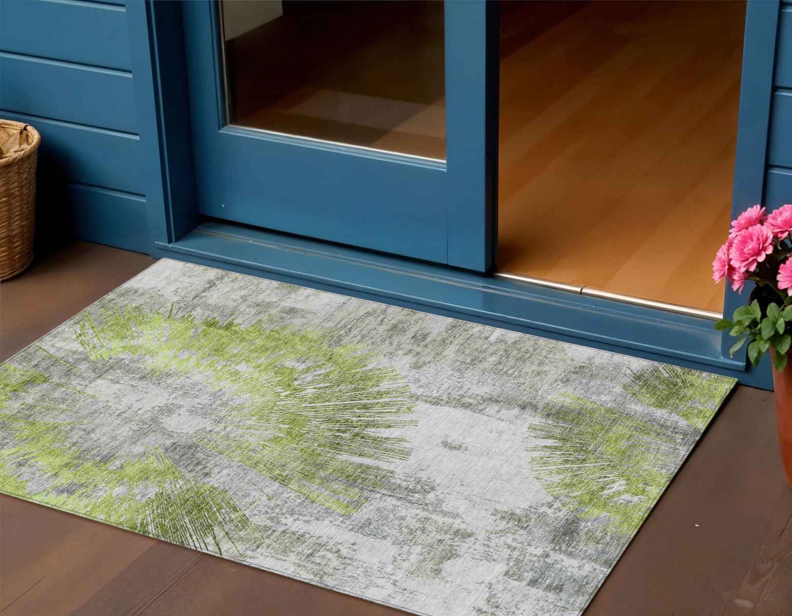 3' X 5' Artichoke Green Gray And Charcoal Abstract Washable Indoor Outdoor Area Rug