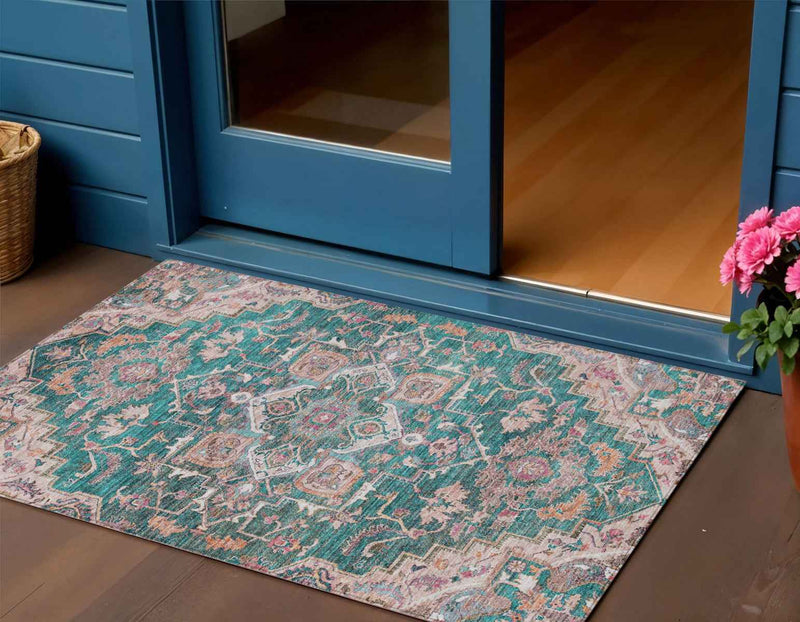 3' X 5' Emerald Teal Blue And Beige Oriental Washable Indoor Outdoor Area Rug