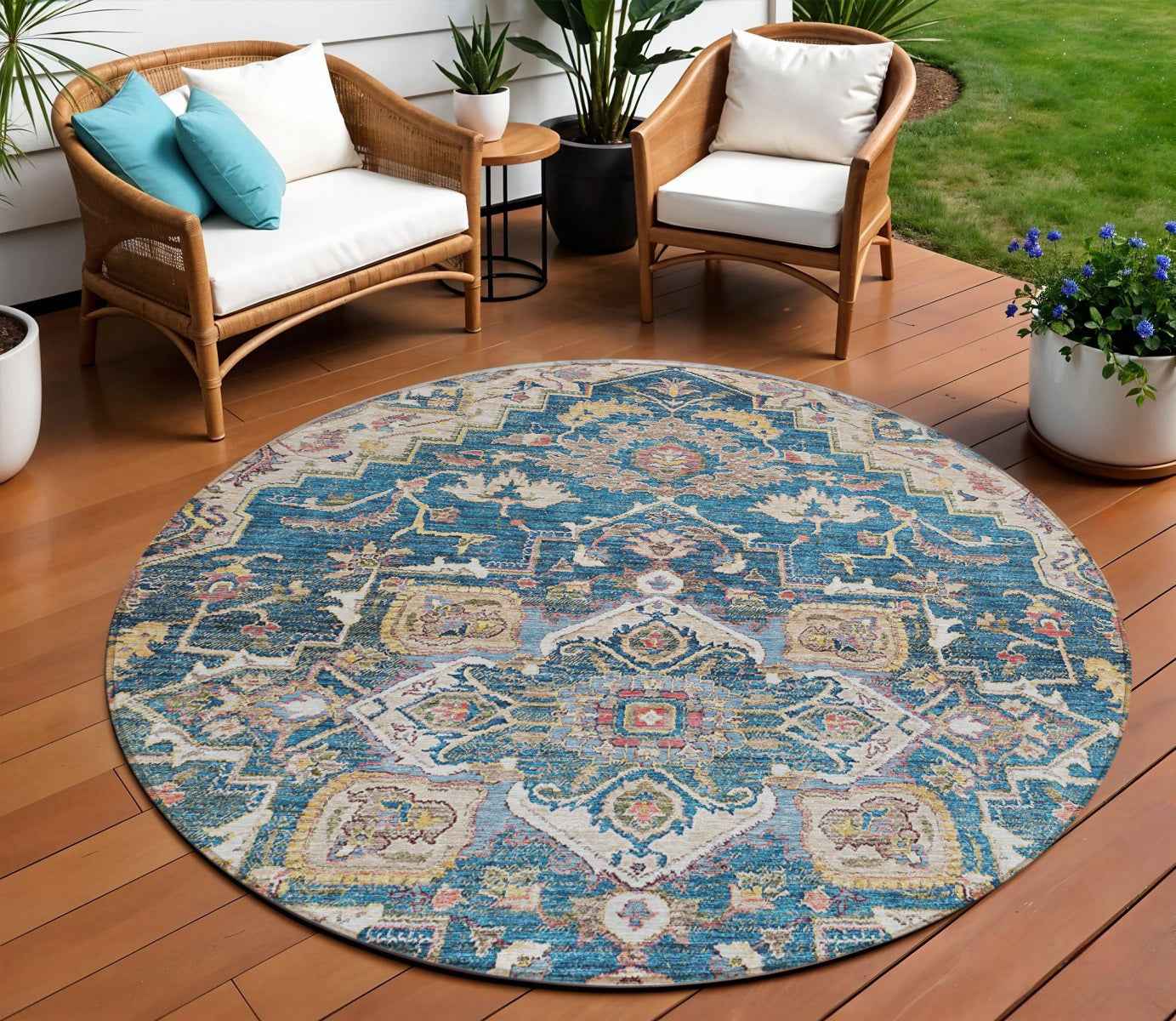 8' Blue Beige And Gold Round Oriental Washable Indoor Outdoor Area Rug Default Title
