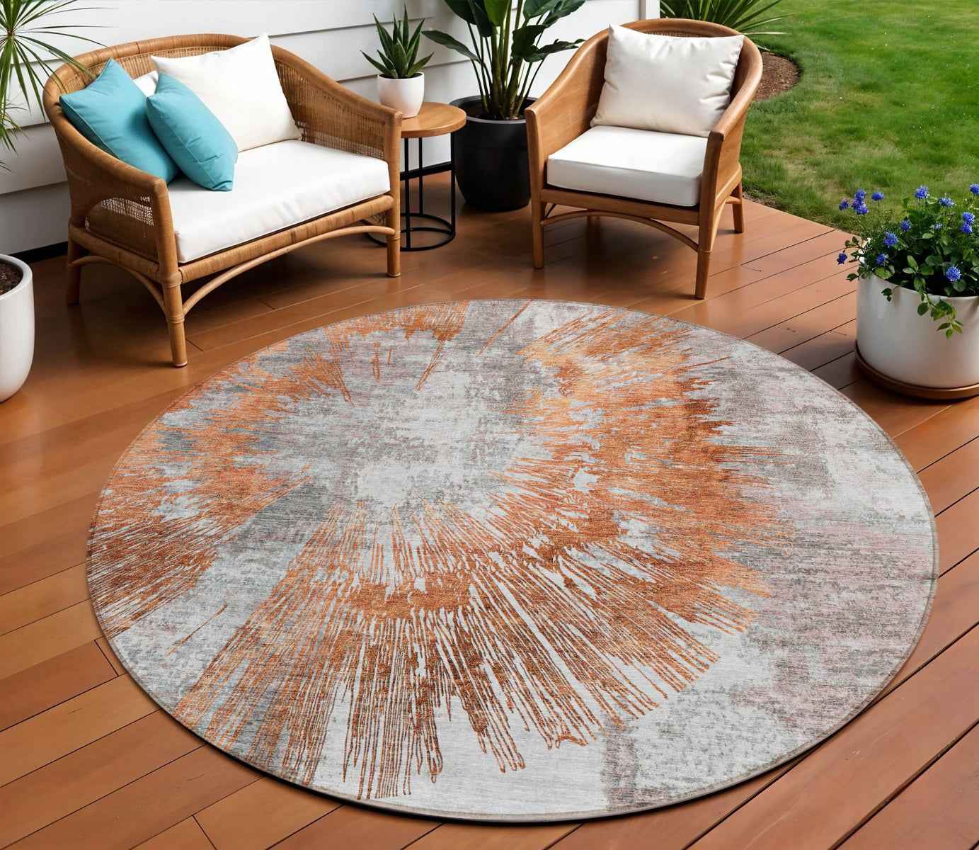 8' Terra Cotta Copper And Taupe Round Abstract Washable Indoor Outdoor Area Rug